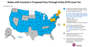 A map of the US highlighting which state has passthrough entity tax (PTET) rules. Map from the AICPA.